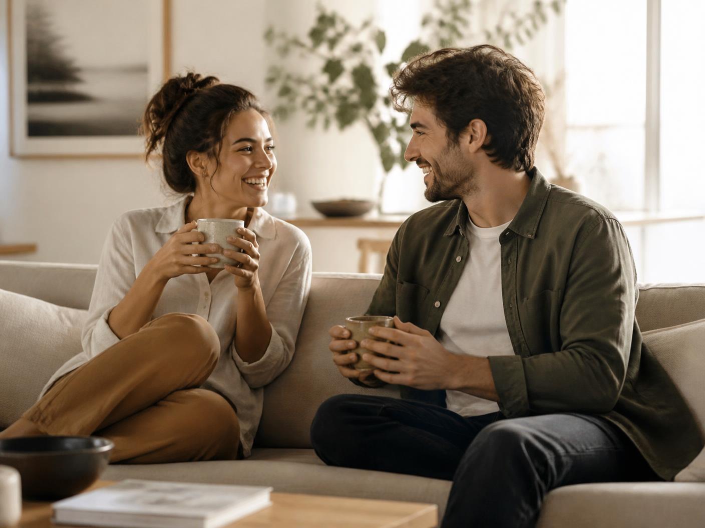 Relaxed engaged couple enjoying coffee together at home