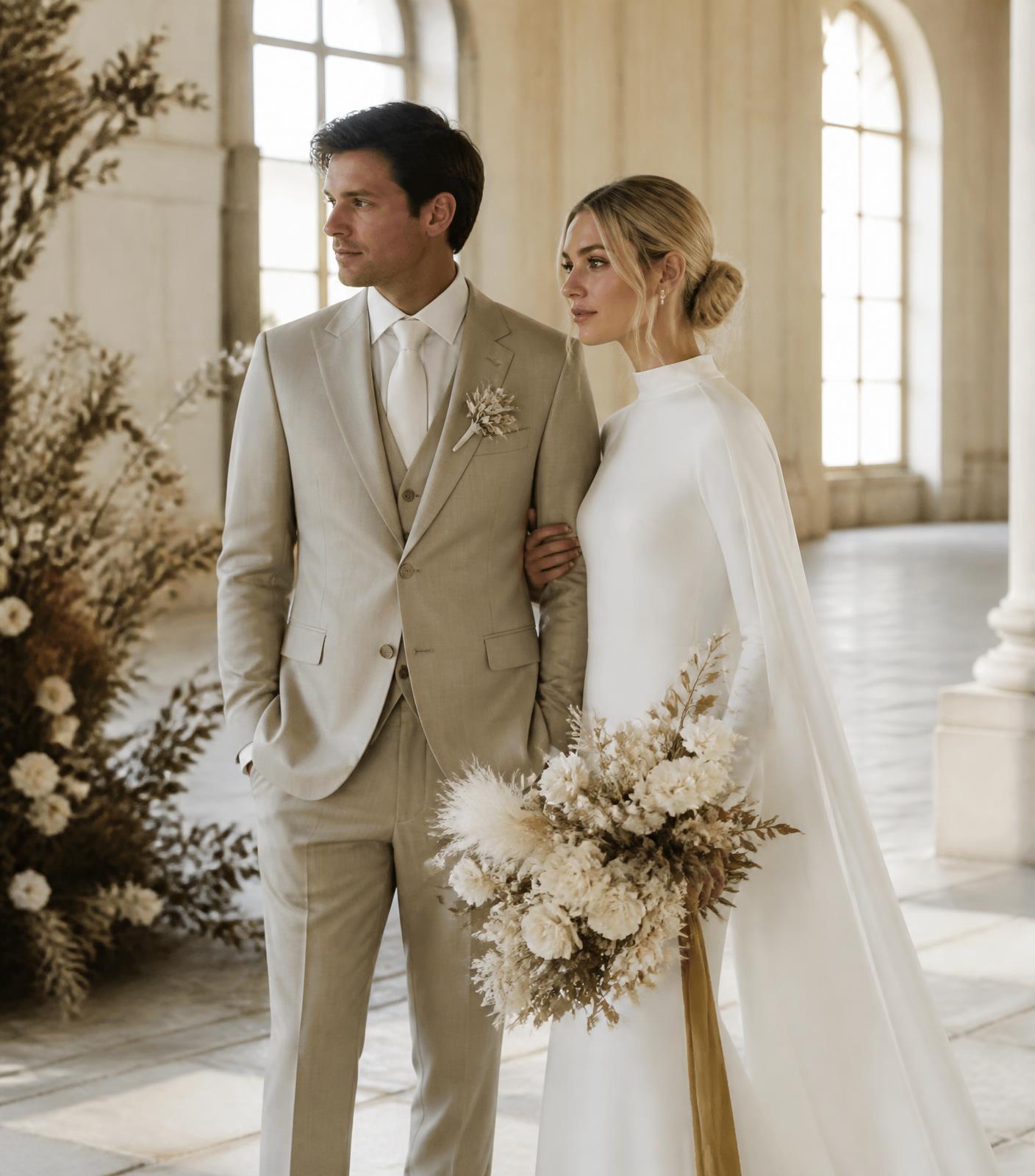 Couple on their wedding day in a light, minimalist stone venue